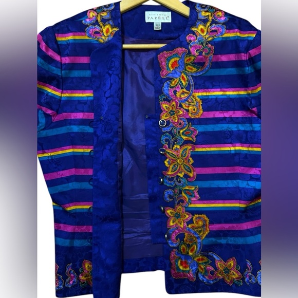 EXCELLENT Vintage Adrianna Papell Silk 2Piece Suit Blazer Skirt Stripe Floral 12 - Picture 8 of 13